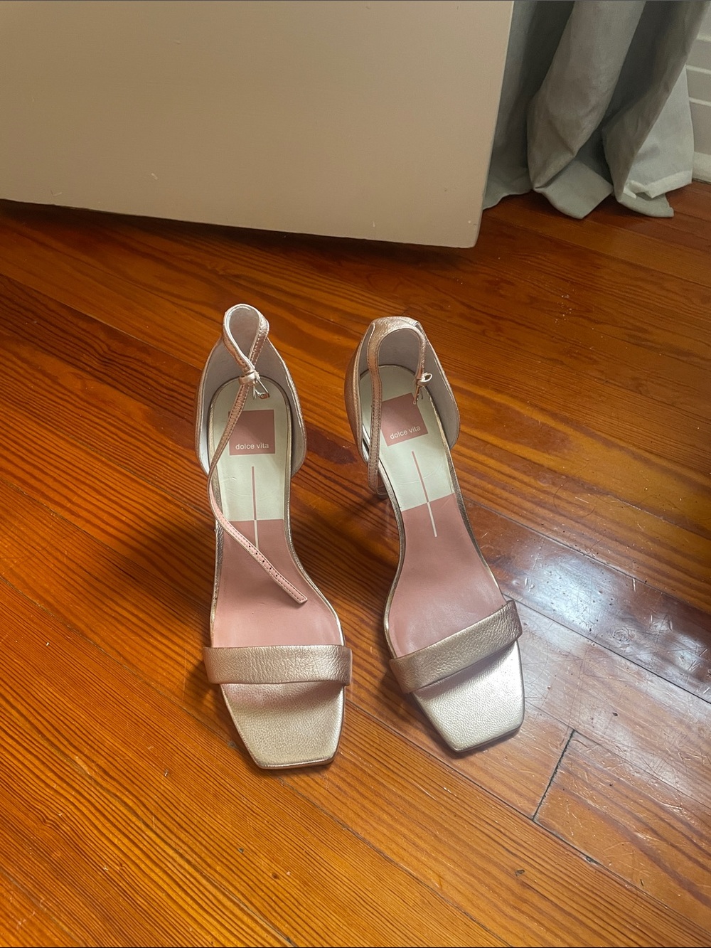 Dolce Vita Rose Gold Metallic Ankle-Strap Block Heels